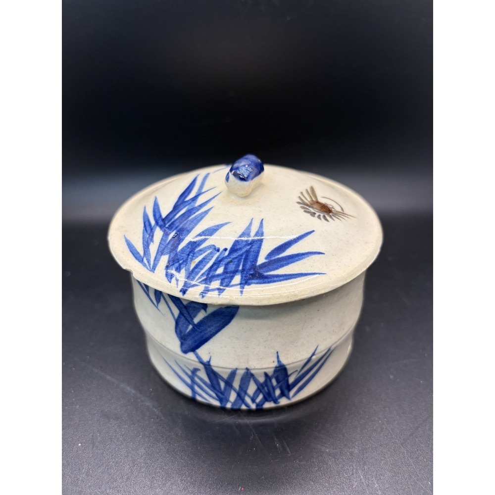 Antique Japanese Ceramic Lidded Bowl Seto Hagi Ware 4" Taisho Showa c 1920/30